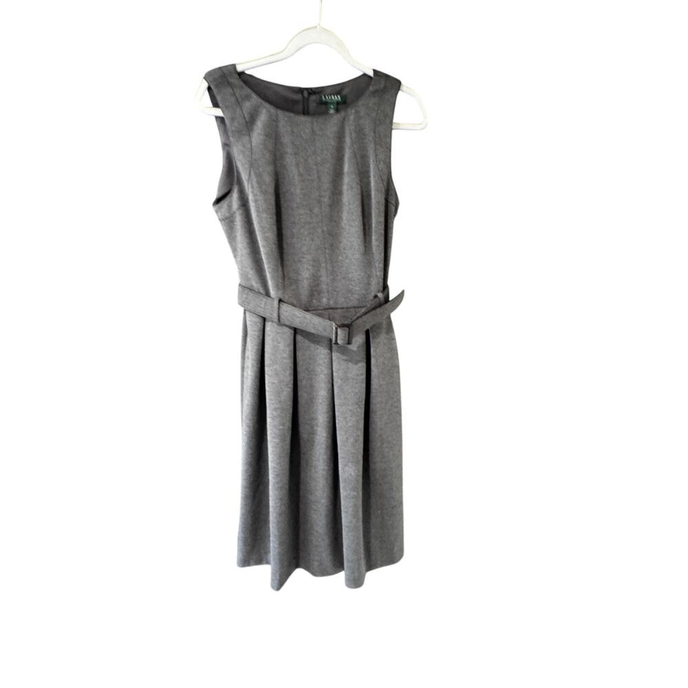Lauren Ralph Lauren Womens 12 Gray Belted Sleeveless Sheath Dress Classic